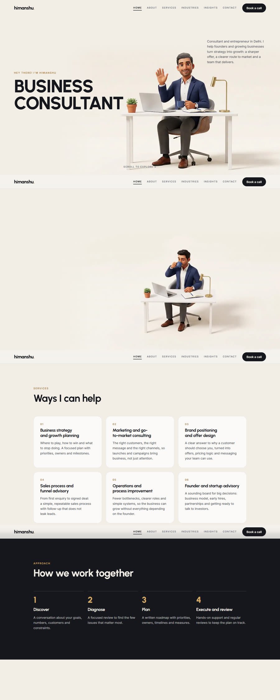 Business consultant 3D scroll website designed by Be12 Media: a 3D desk scene that pulls back on scroll, services and a four-step approach
