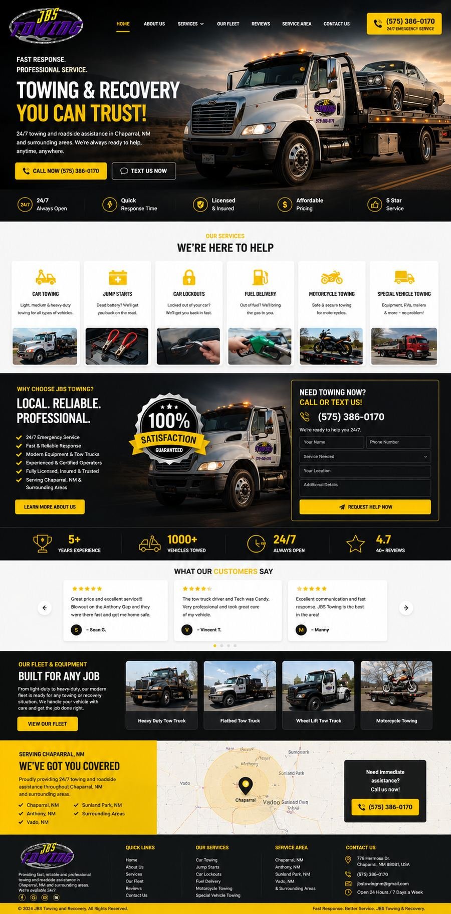 JBS Towing and Recovery website homepage designed by Be12 Media